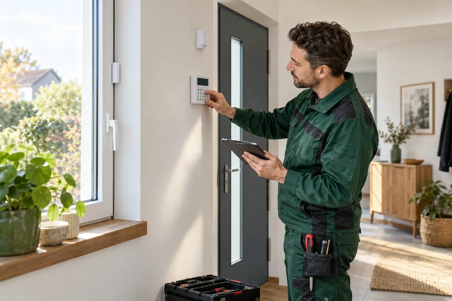 Sicherheitstechniker prüft in einem Wohnhaus das Bedienteil und einen Fensterkontakt einer Alarmanlage