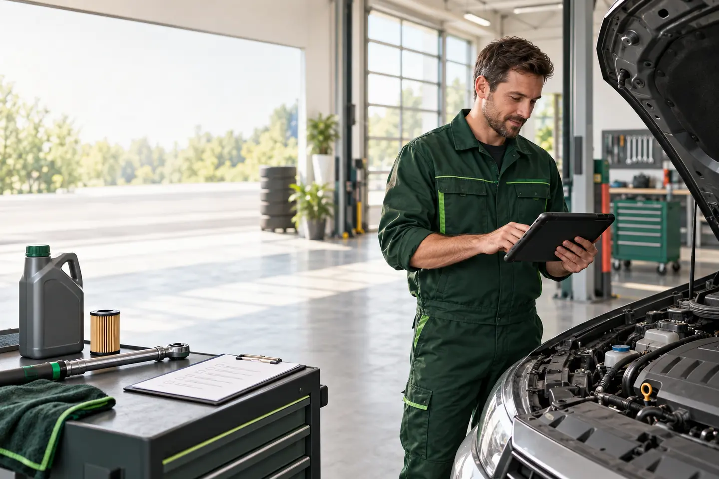 Kfz-Mechatroniker prüft ein neutrales Fahrzeug mit Diagnosegerät in einer aufgeräumten Werkstatt