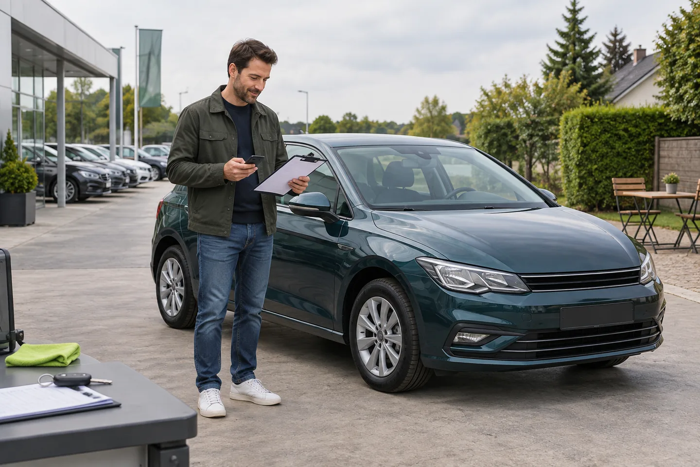 Männlicher Autoverkäufer prüft einen Gebrauchtwagen, Unterlagen und Smartphone zwischen Händler- und Privatverkauf