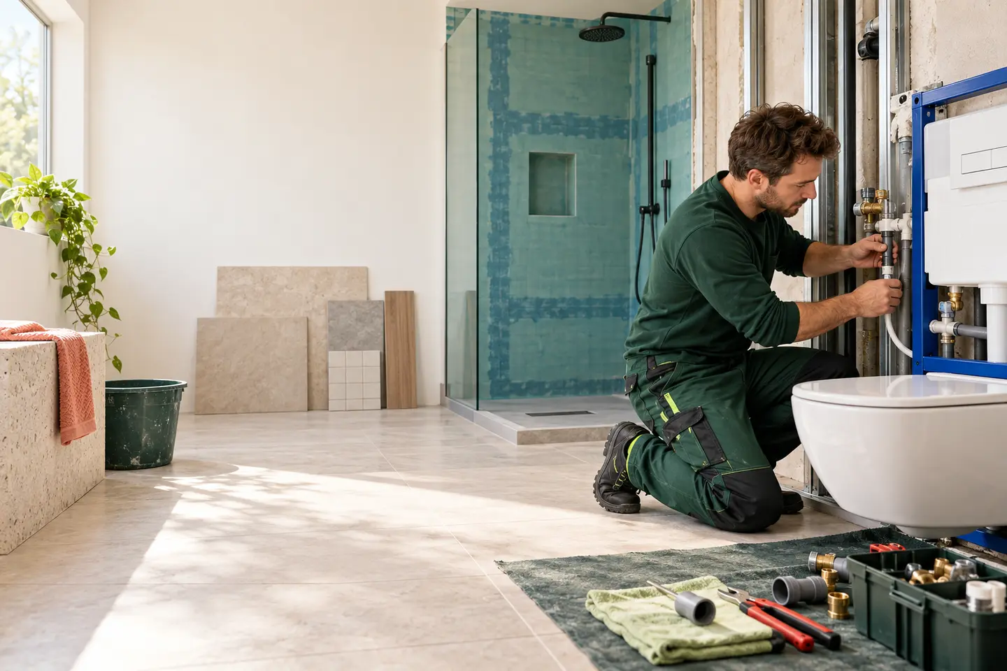 Sanitärinstallateur prüft Leitungsanschlüsse in einem Bad während der Sanierung