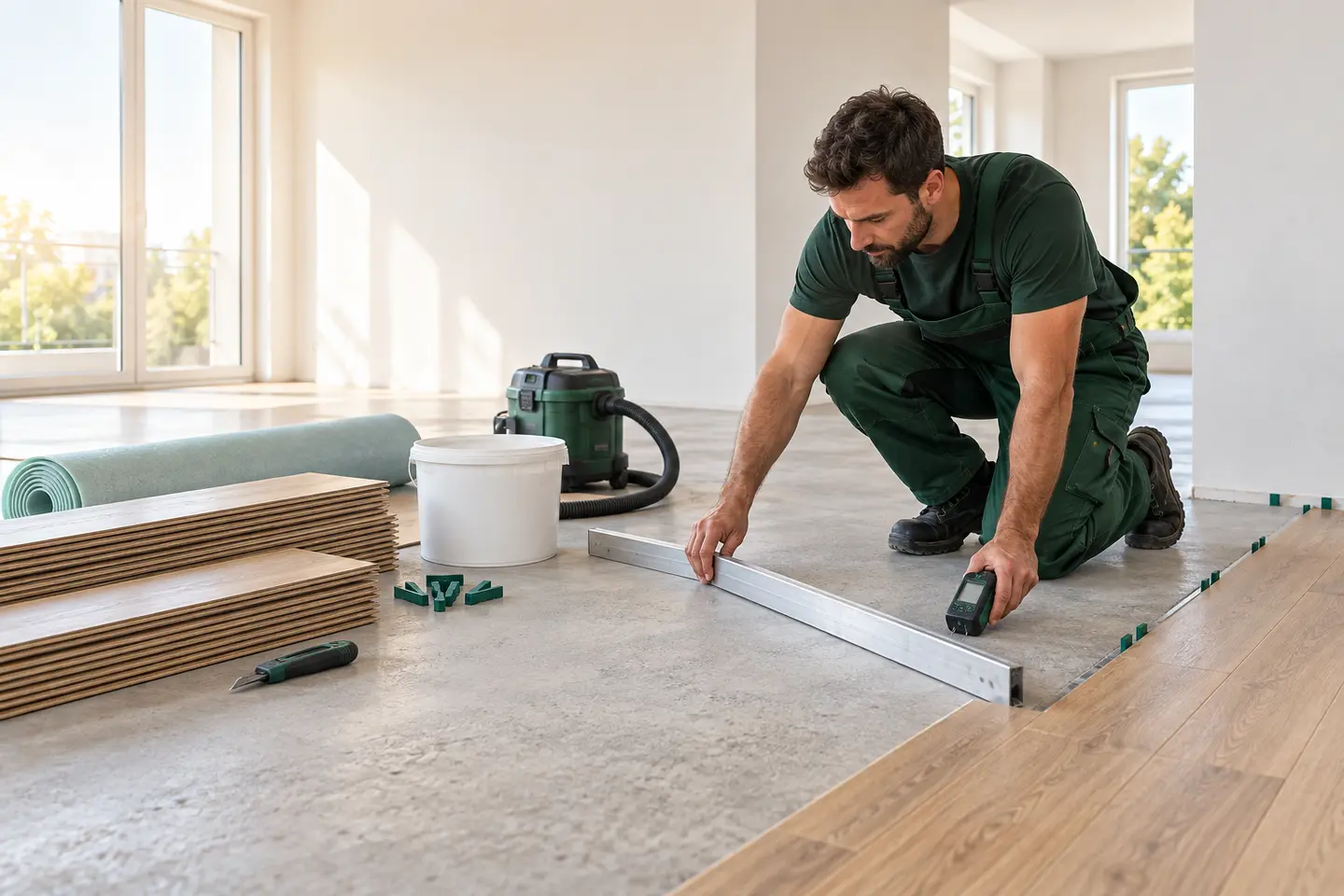 Bodenleger prüft einen Estrich mit Richtlatte und Messgerät vor der Verlegung von Holzplanken