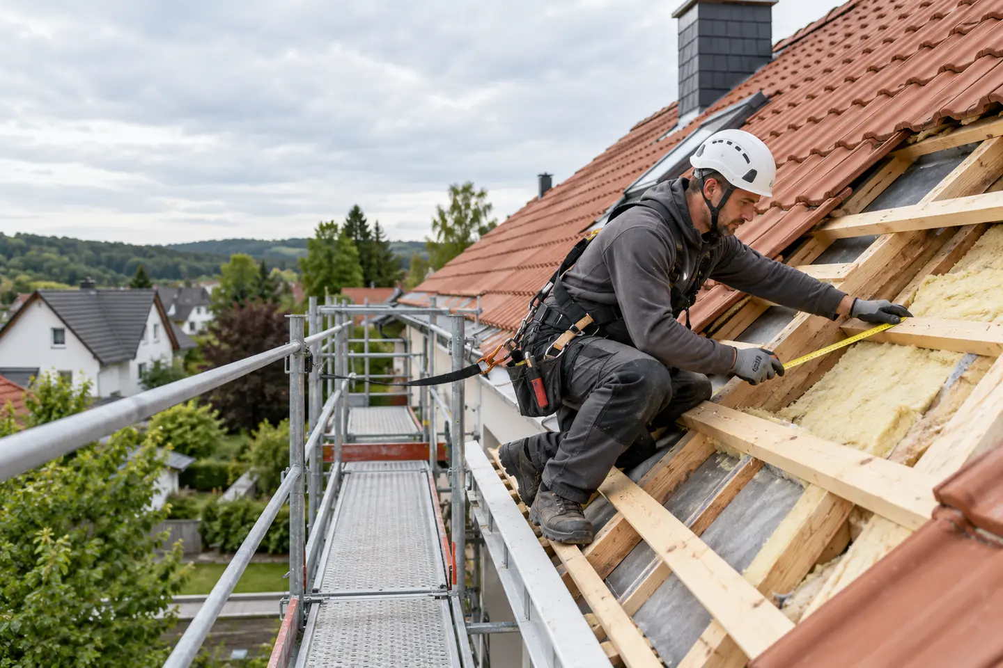 Dachdecker misst die Unterkonstruktion eines geöffneten Steildachs mit sichtbarer Dämmung und Gerüst