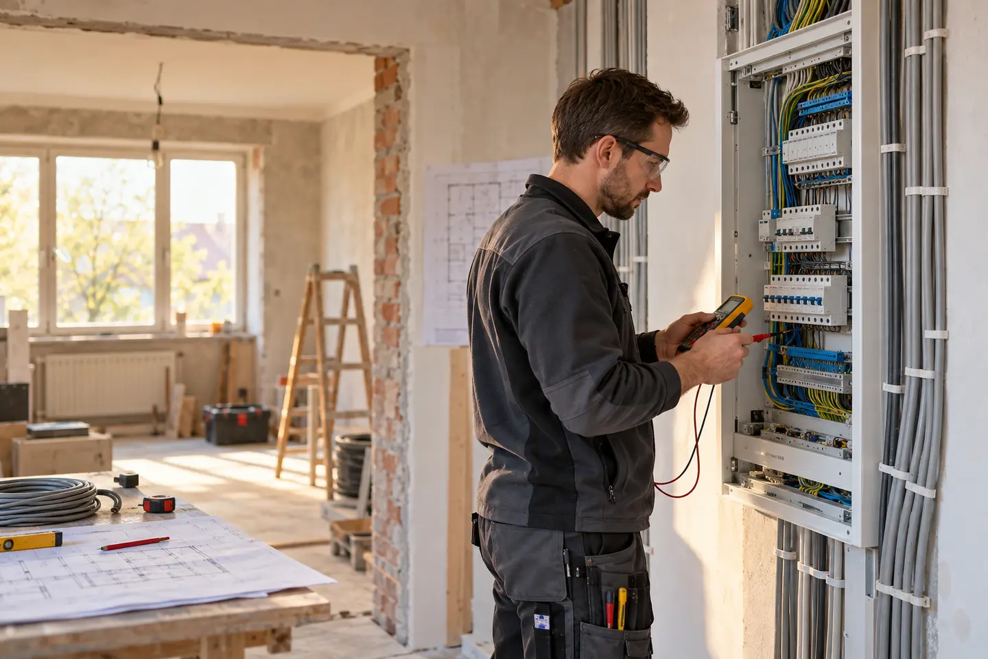 Elektrofachkraft prüft einen neuen Verteilerschrank in einem unbewohnten Altbau während der Sanierung