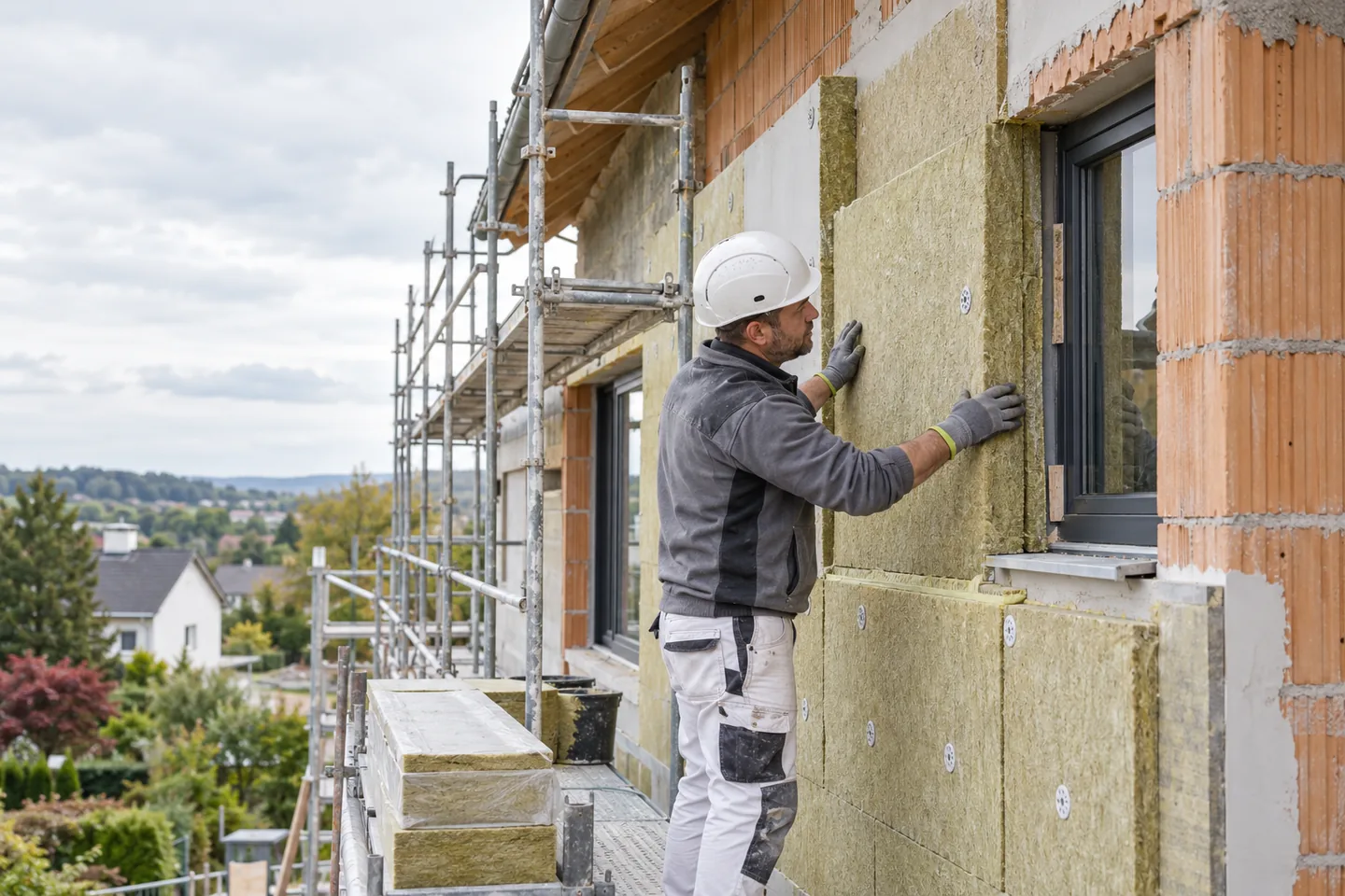 Fassadenhandwerker montiert Mineralwolledämmplatten an einer eingerüsteten Hauswand
