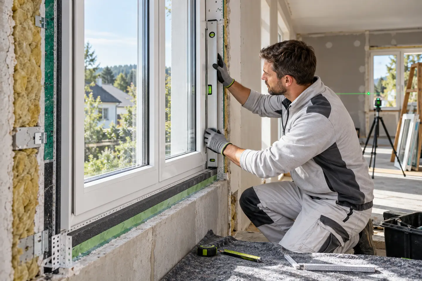 Fenstermonteur richtet ein neues dreifach verglastes Fenster in einer geöffneten Wandlaibung aus