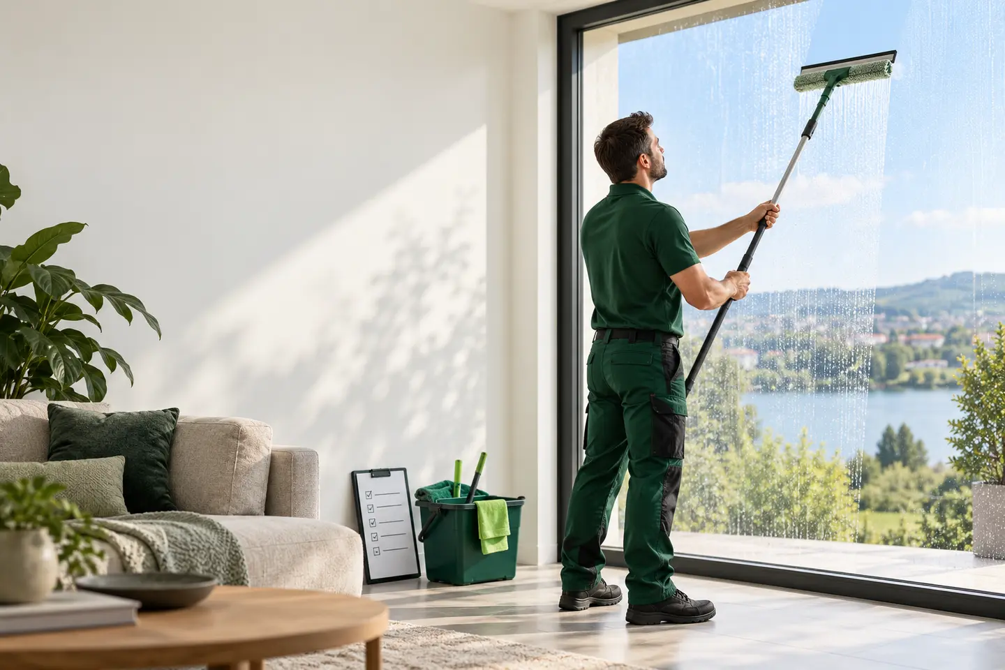 Professioneller Fensterreiniger säubert eine große Glasfläche sicher vom Innenraum mit einem Verlängerungsgerät