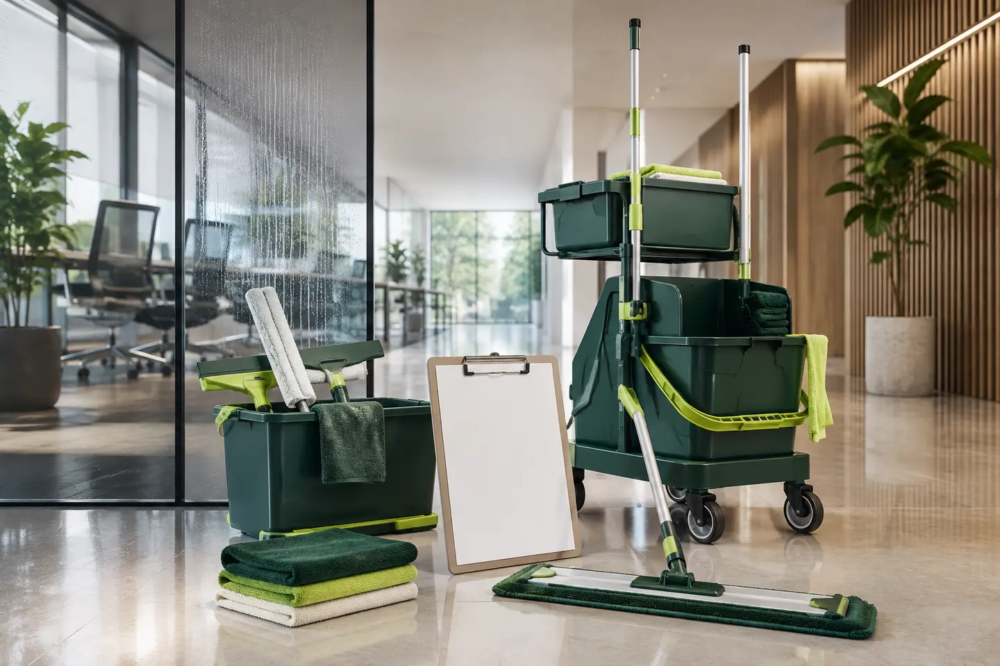 Professioneller Reinigungswagen, Glasreinigung, Moppsystem und neutrale Checkliste in einem Büro