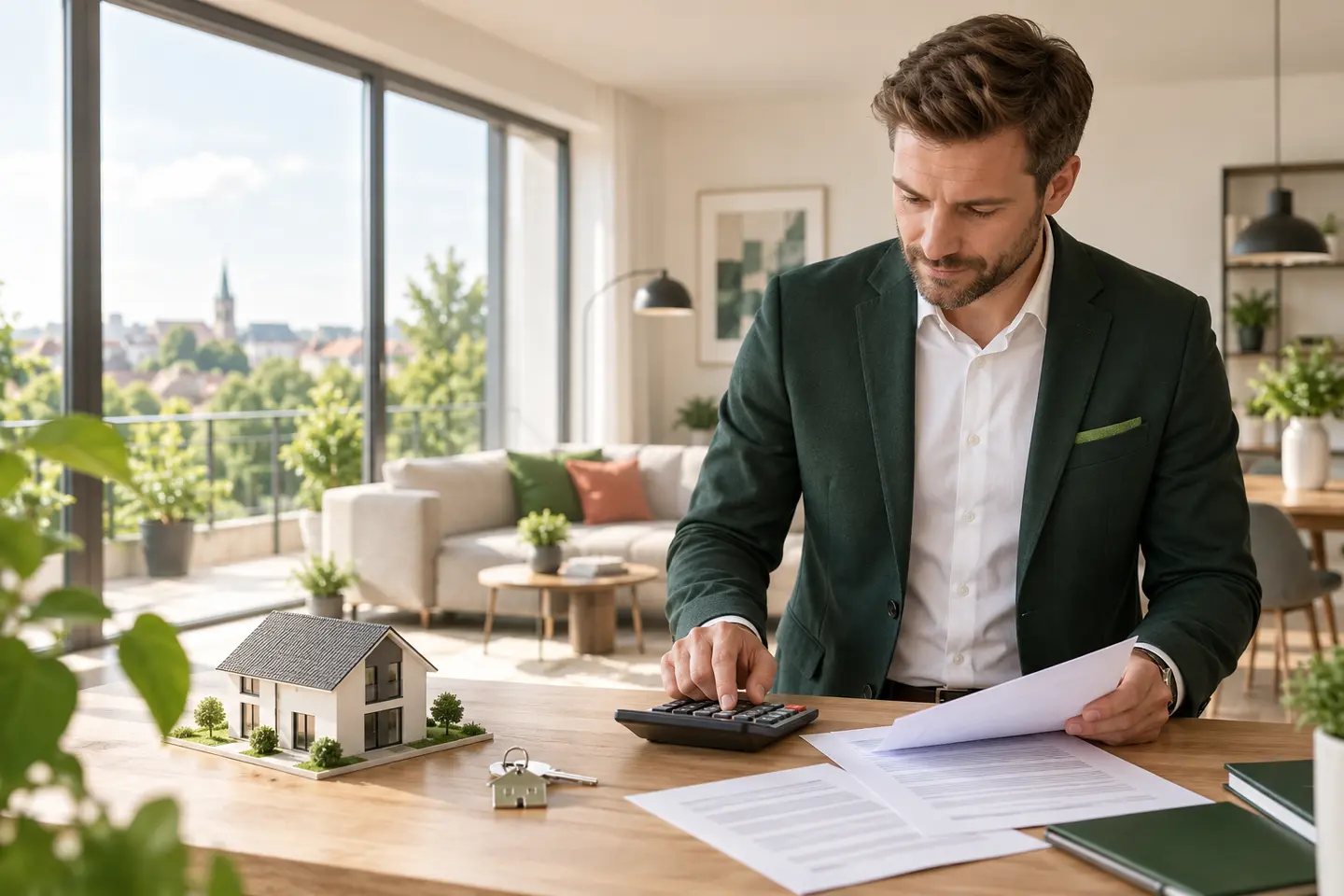 Immobilienmakler berechnet an einem Tisch die Provision neben Hausmodell, Schlüssel und Vertragsunterlagen