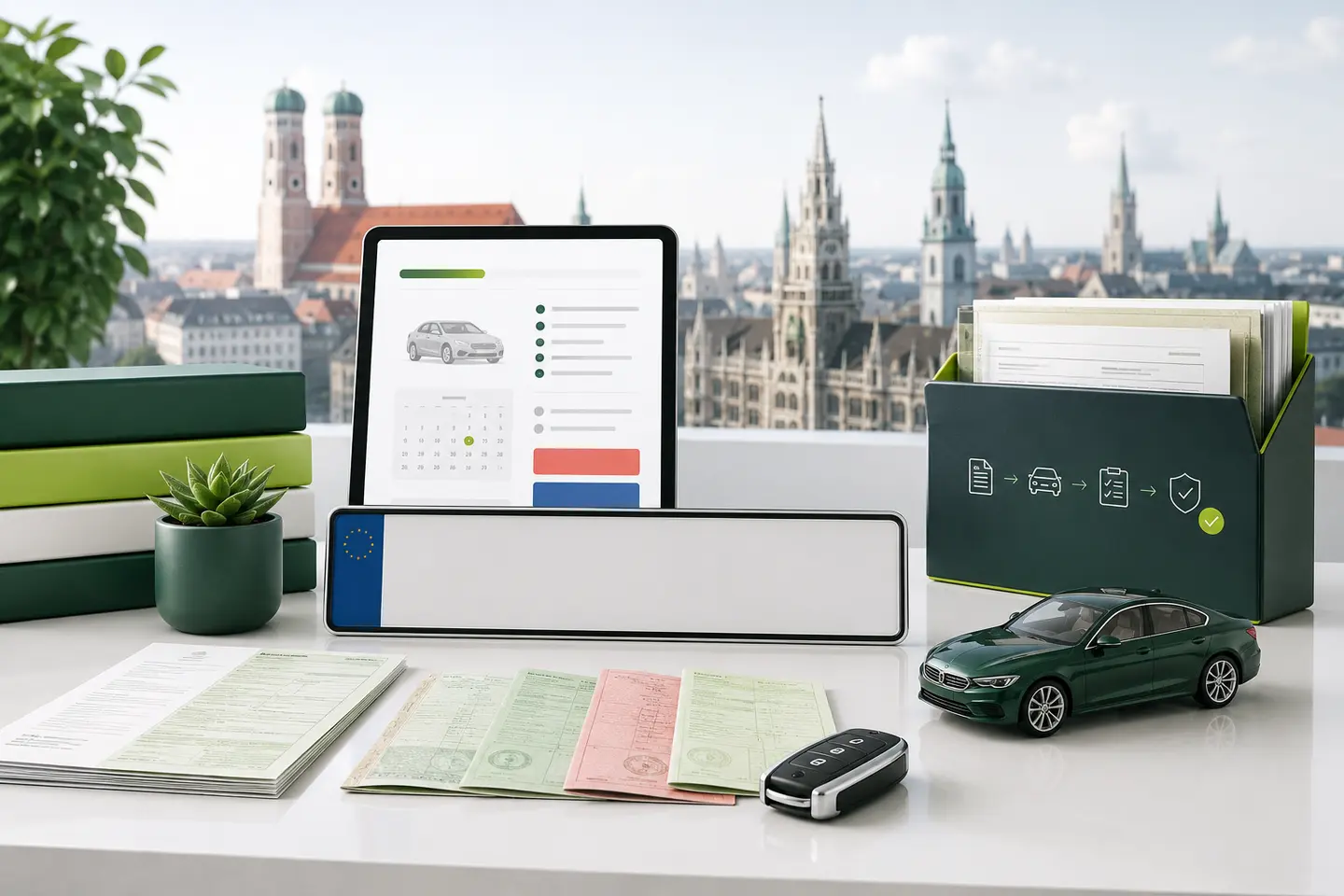 Kfz-Unterlagen, neutrales Kennzeichen und Fahrzeug vor der Münchner Stadtsilhouette