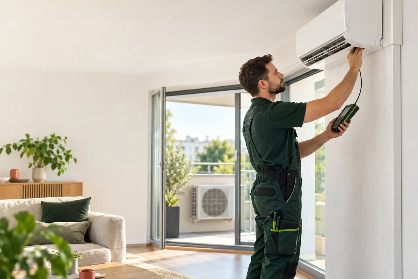 Kältetechniker prüft das Innengerät einer Split-Klimaanlage in einer Wohnung