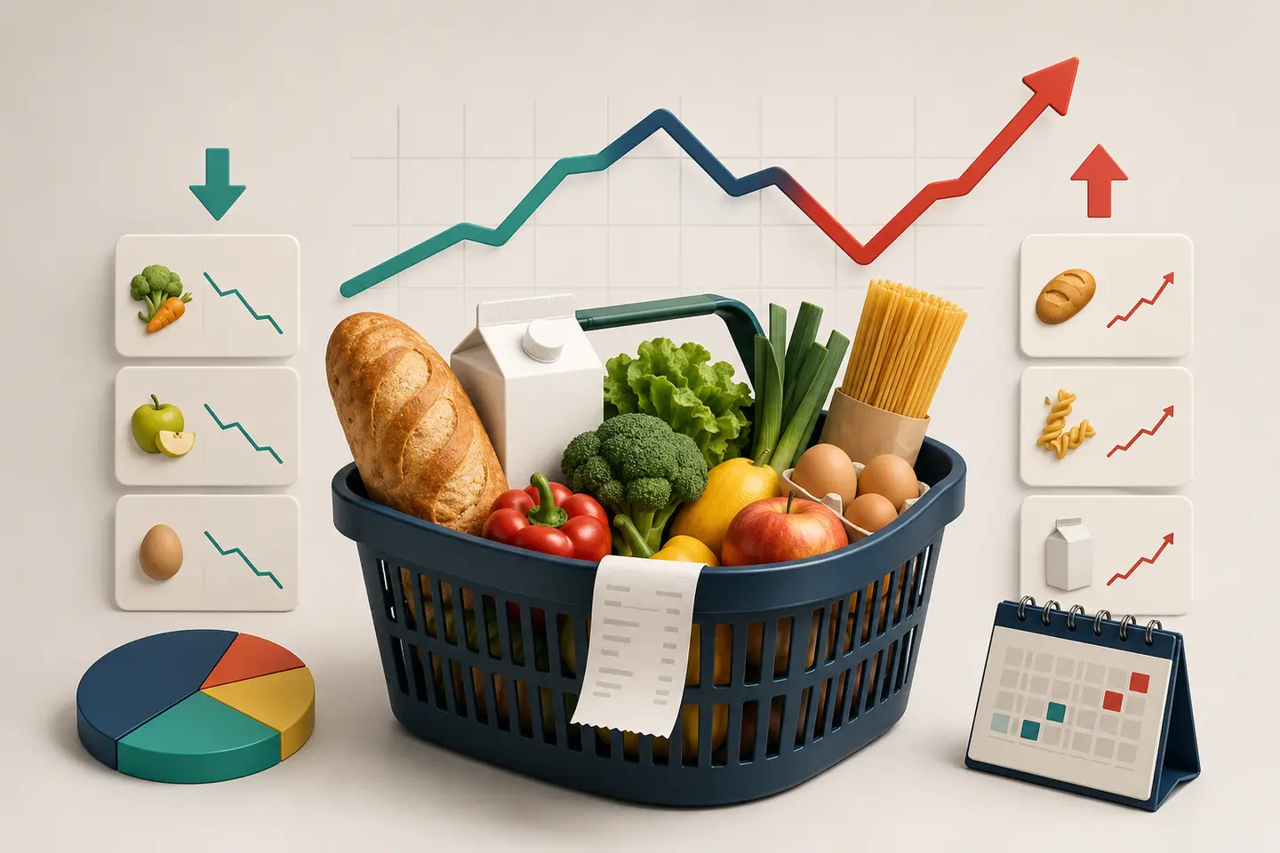 Lebensmittelkorb mit Brot, Milch, Gemüse, Obst, Eiern und Nudeln vor Diagrammen zur Preisentwicklung