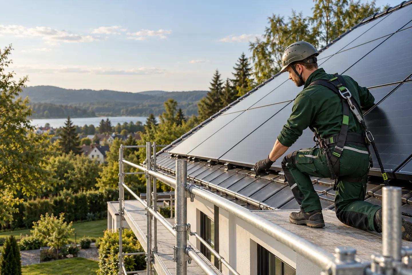Solarelektriker prüft Photovoltaikmodule auf einem Hausdach mit sicherem Gerüst