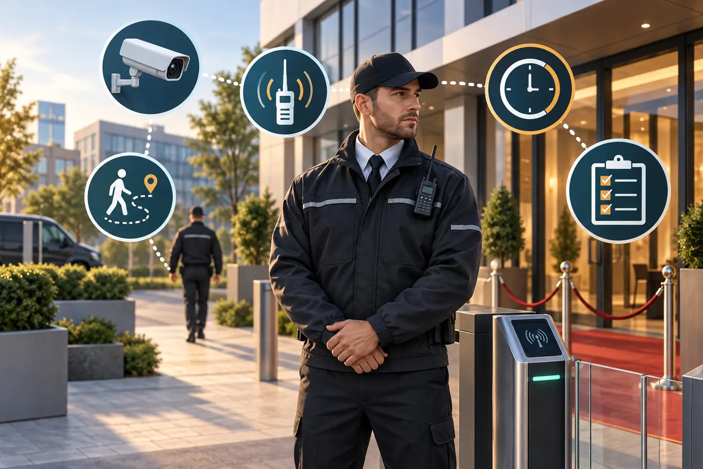 Sicherheitsmitarbeiter vor einem Gewerbeobjekt mit Symbolen für Kamera, Funk, Kontrollgang, Einsatzzeit und Checkliste