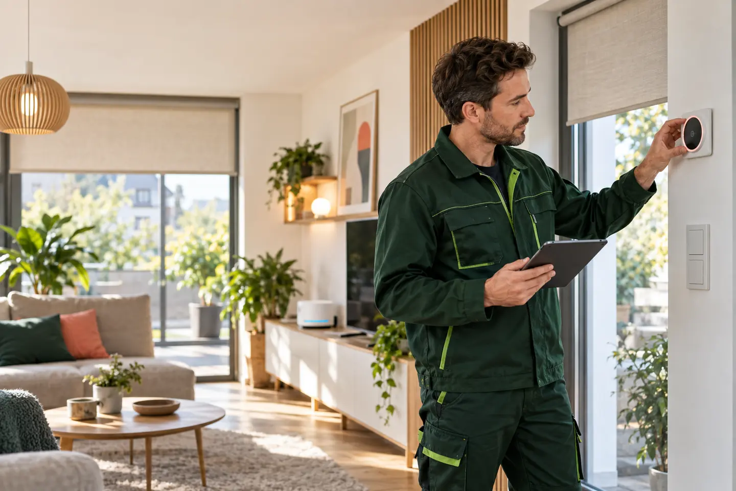 Smart-Home-Techniker richtet in einem Wohnraum Thermostat, Beschattung und Steuerung ein