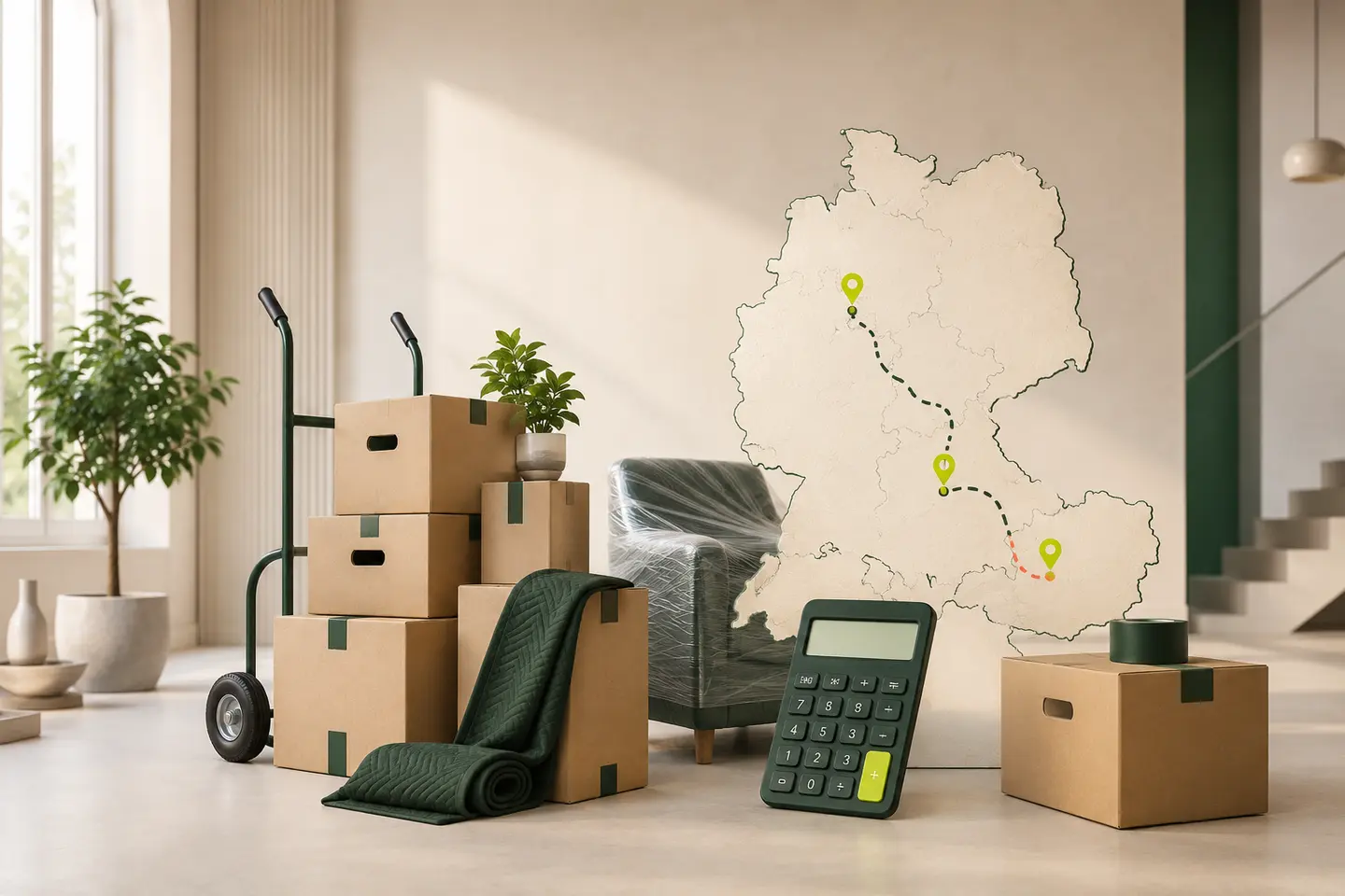 Umzugskartons, Transportkarre, verpacktes Möbelstück, Routenkarte und Kostenrechner