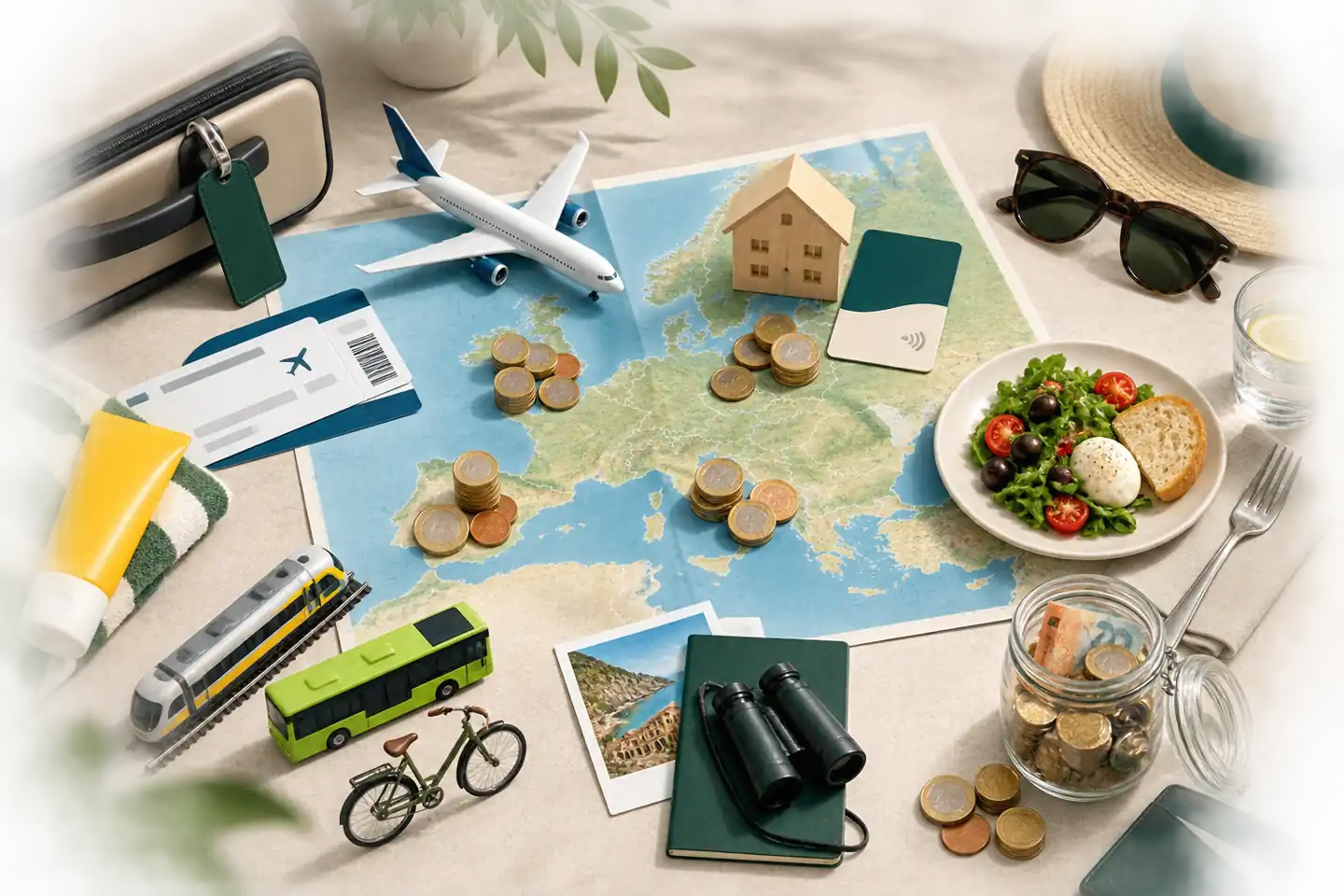 Urlaubsbudget mit Koffer, Flugzeug, Bahn, Bus, Unterkunft, Essen, Europakarte und Euro-Münzen