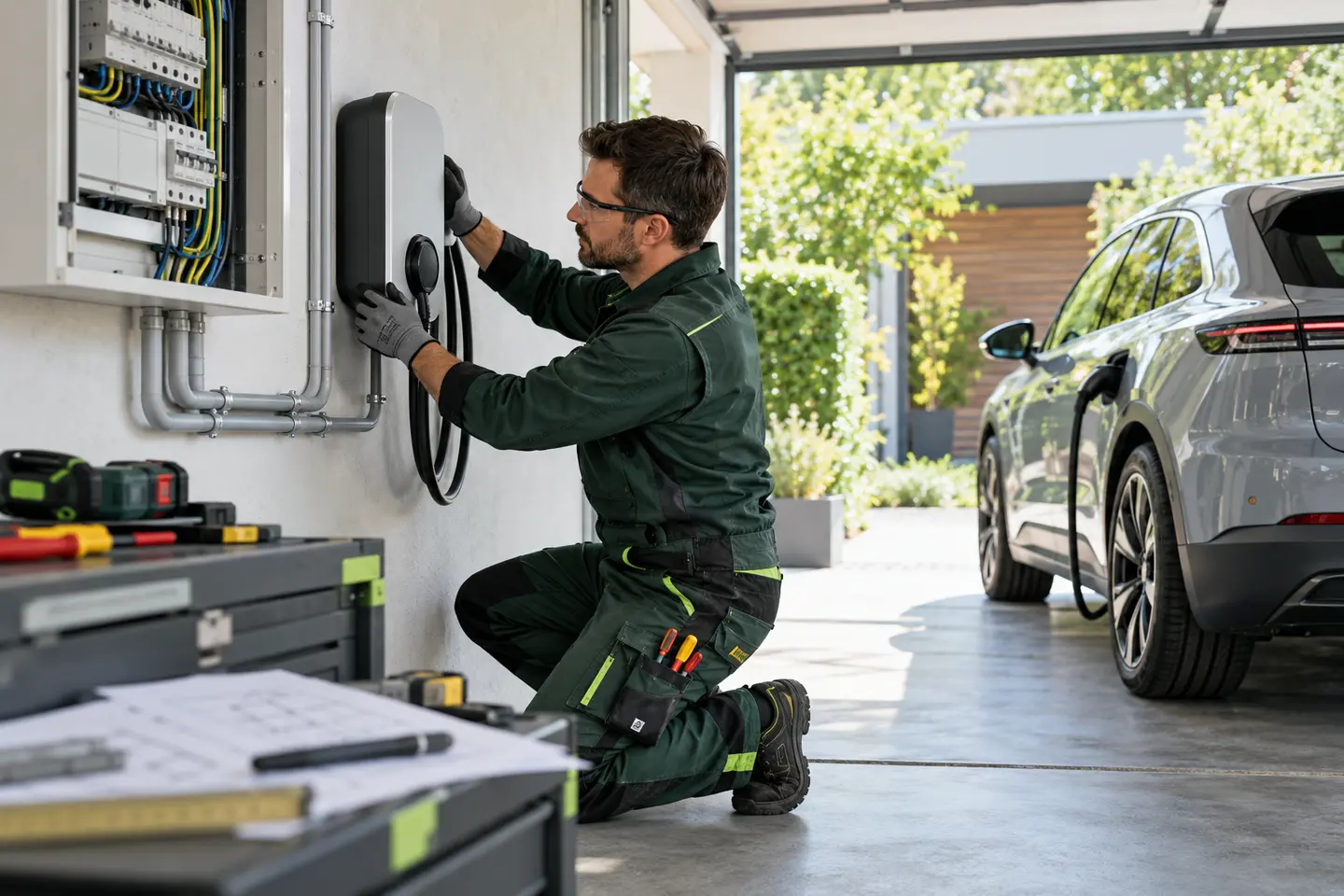 Elektrofachkraft installiert eine private Wallbox in einer hellen Garage