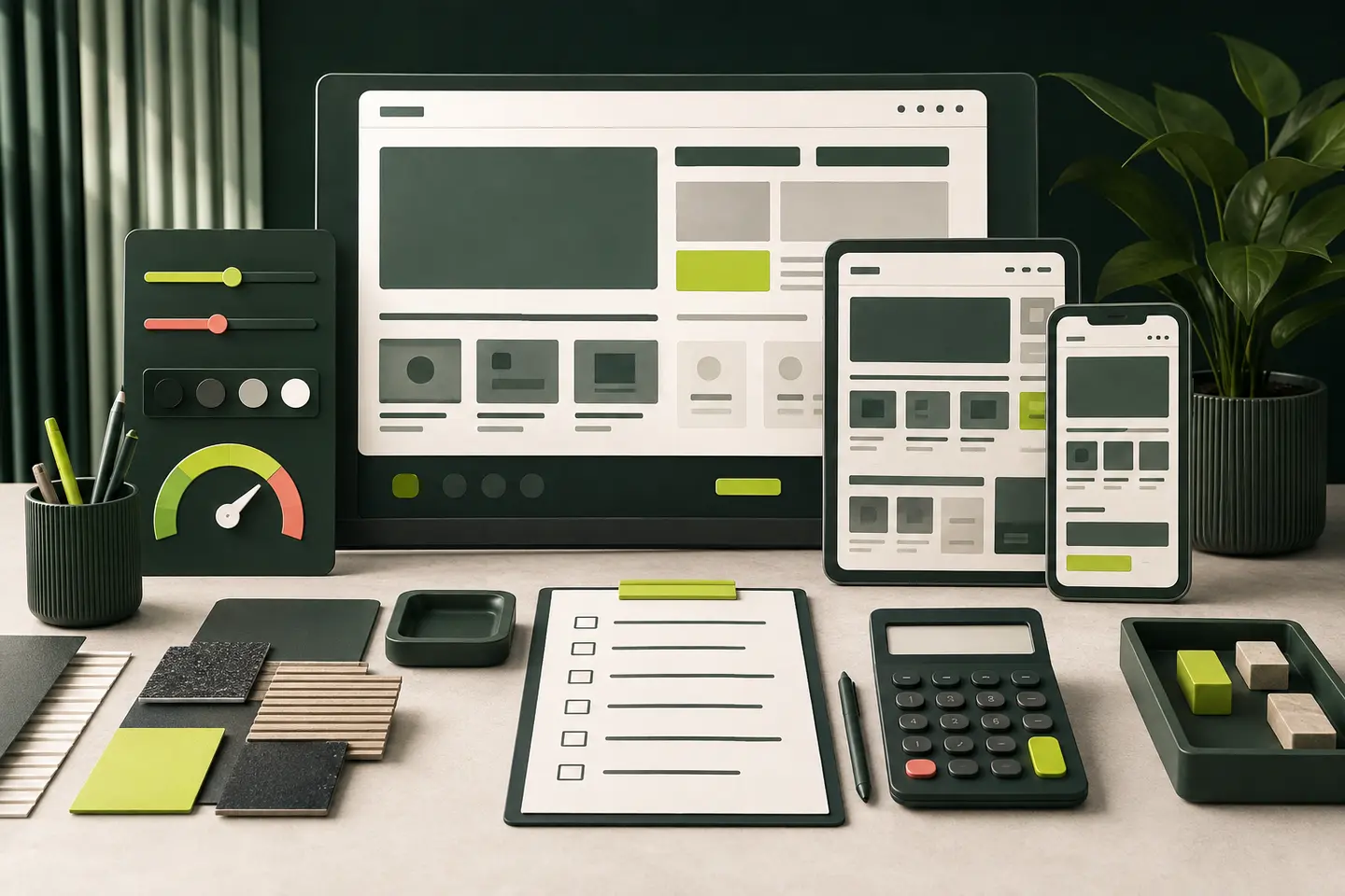 Responsives Website-Design auf Desktop und Smartphone mit Sitemap, Performance und Kostenplanung