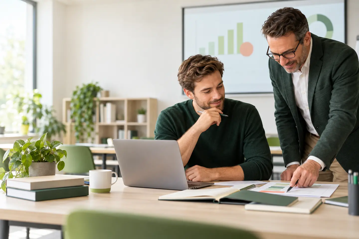 Teilnehmer und Bildungsberater planen am Laptop eine berufliche Weiterbildung